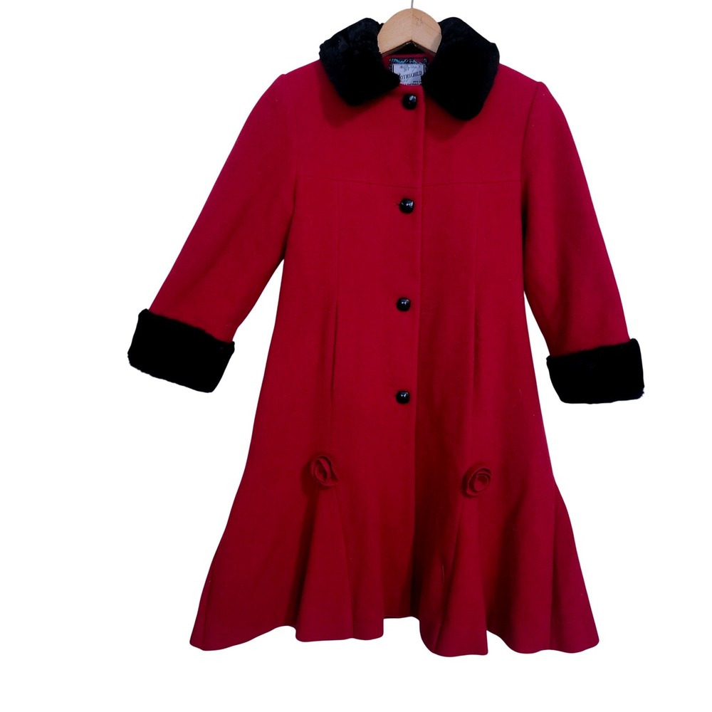 Rothschild Wool Coat Girls 8 Red Faux Fur Trim Fit & Flare Vintage Tulip Flare